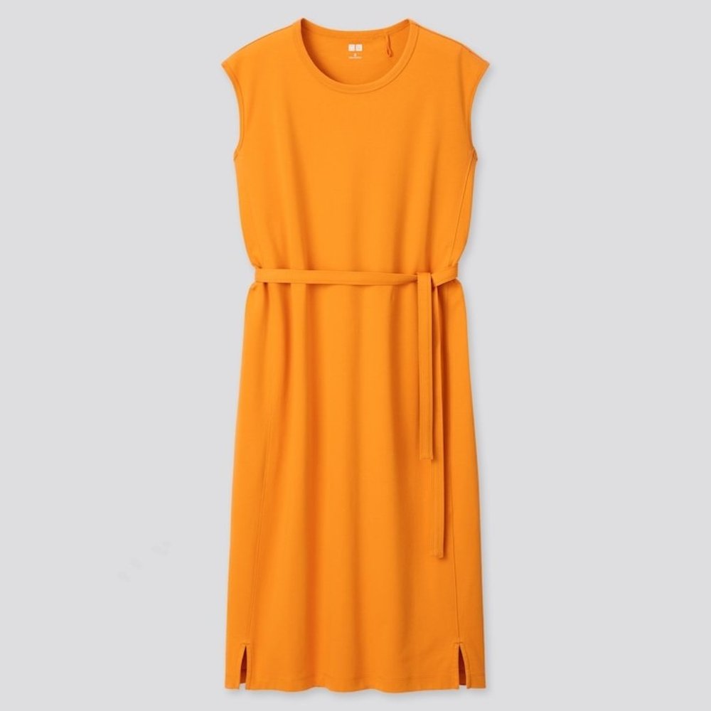 Uniqlo NWOT Large U Crew Neck Sleeveless Dress Mustard Orange Brown